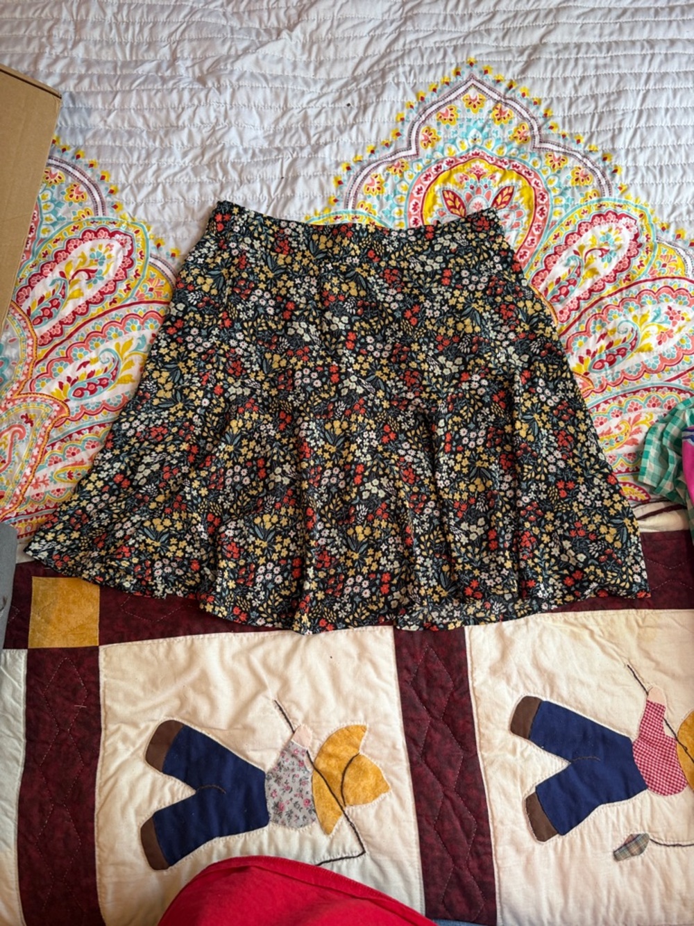Sugarlips Black Floral Circle Skirt with Red and Yellow Accents